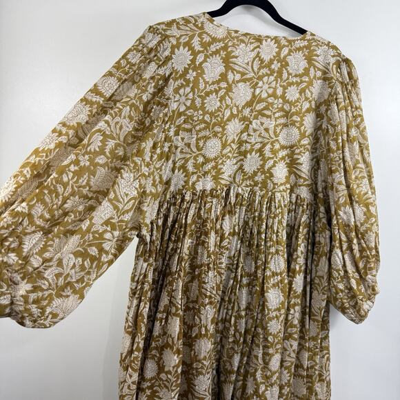 Daughters Of India Kyra Mini Dress XL Olive Floral Balloon Sleeve Boho Indie - Picture 12 of 16